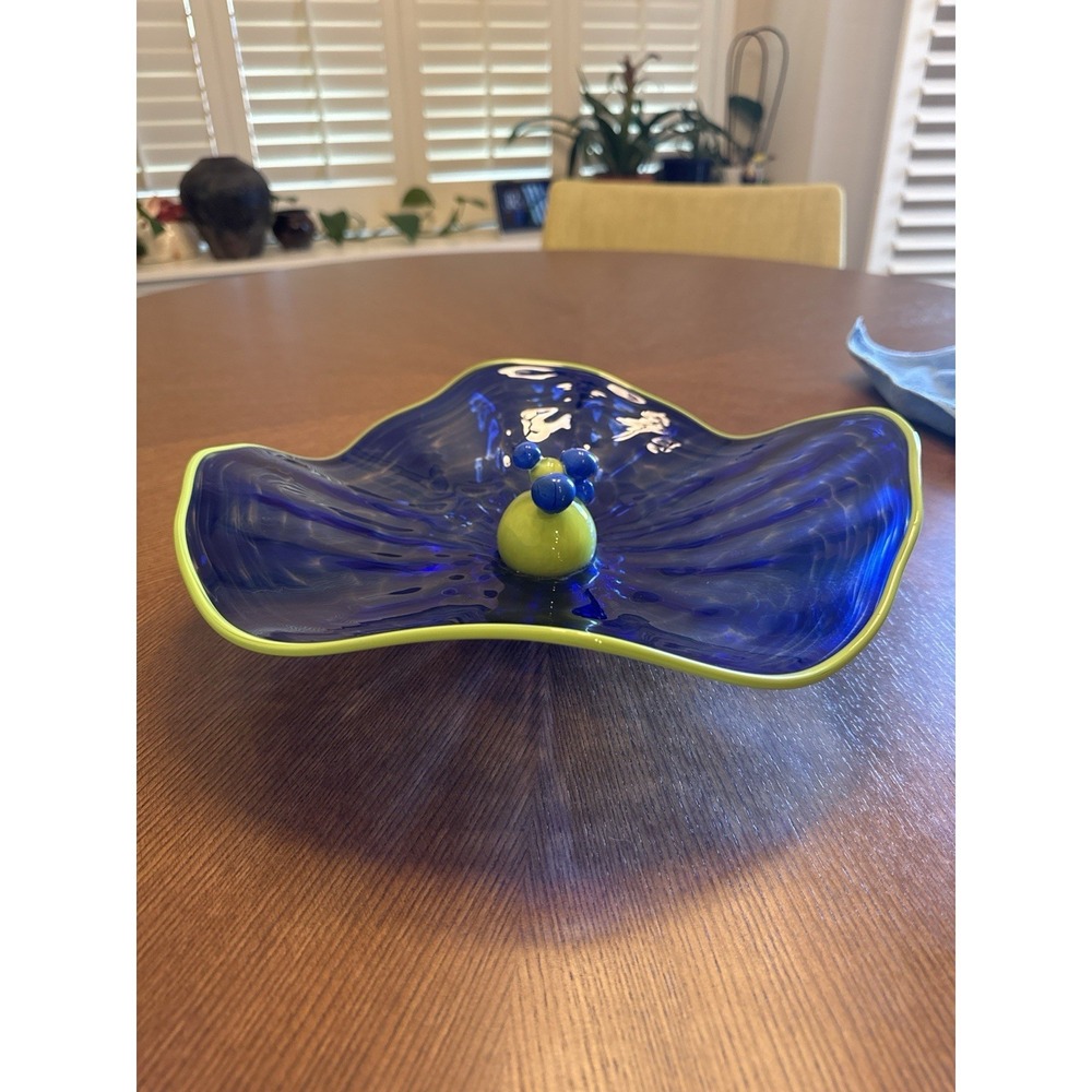 Hand Blown Art Glass Bowl Blue w Green Rim Prunt Center 12" Modern - Picture 6 of 10